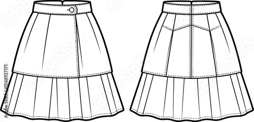Detailed Fashion Flat Sketch: Women's Tiered Skirt Design with Upper Yoke and Pleated Hem, Featuring Front and Back Views for Technical Apparel Design and Digital Product Illustration.