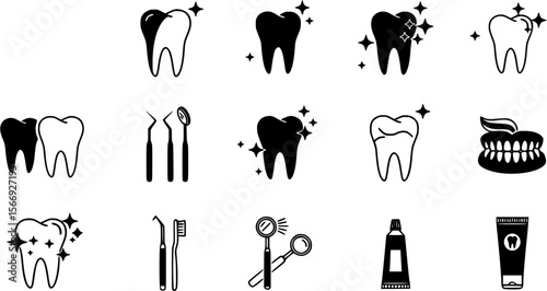 Dental Care Icons Set: Clean Teeth, Instruments, and Toothpaste Illustrations
