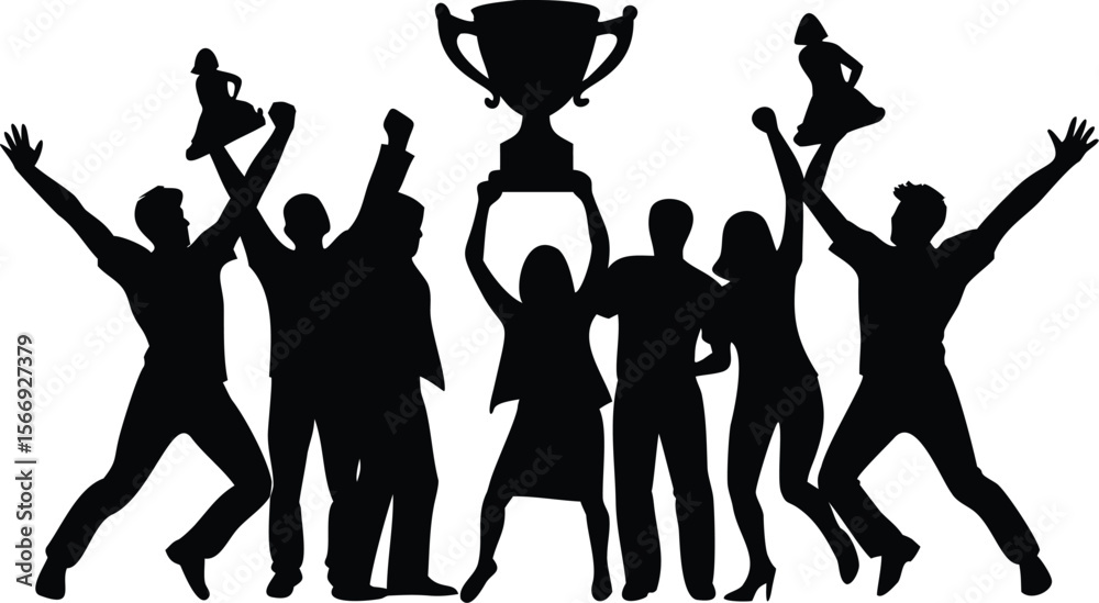 Fototapeta premium Team Celebration Victory Silhouette with Trophy and Joyful Crowd