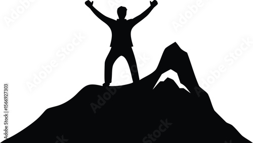 Silhouette of Man Celebrating Success on Mountain Peak