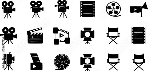 Black and white vector icons set for film industry