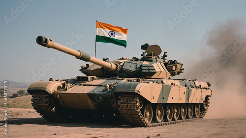 A full shot of a modern Indian army tank, featuring the Indian national flag prominently displayed.