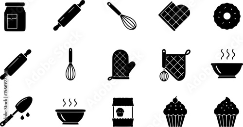 Baking Icons Set: Cooking Utensils and Ingredients - Vector Illustration
