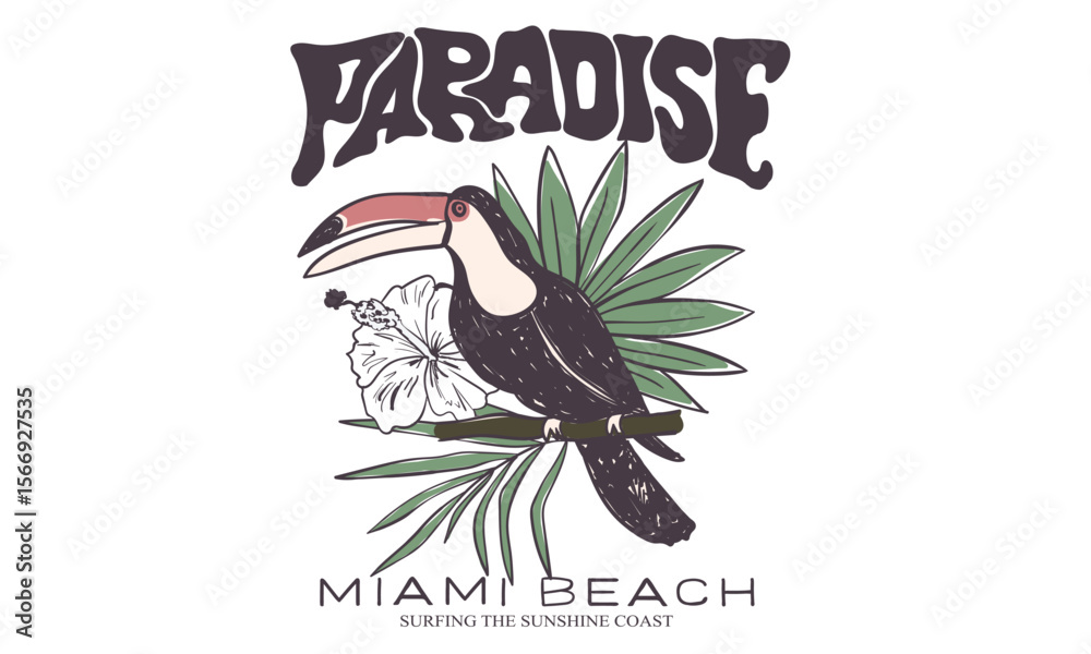 Fototapeta premium Enjoy beach life. Summer vibes artwork. Enjoy summer day. Toucan paradise artwork.
