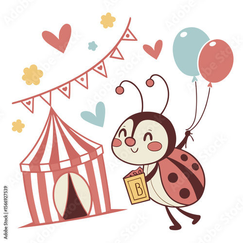 Bashful expression on a Ladybug in a Circus Carnival theme, with holding a heart – Big Top Brights vector art