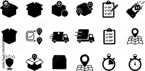 Set of black delivery service icons on white background