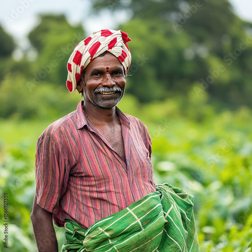 Maharashtra farmer standing proudly in a lush green field,