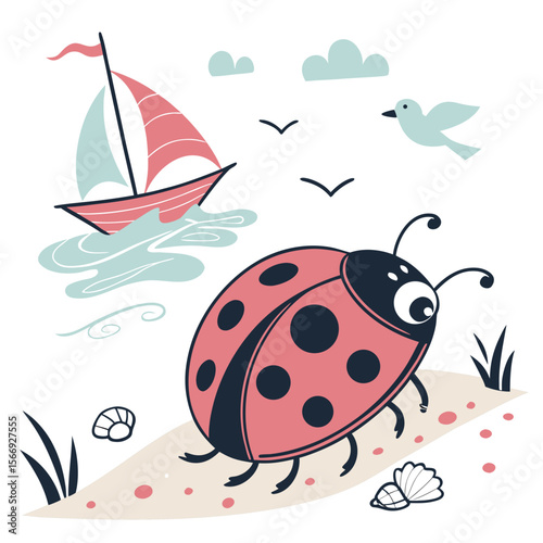 Charming SVG of a Dreamy Ladybug featuring splashing in puddles, styled in a Beach day theme with Ocean Breeze hues