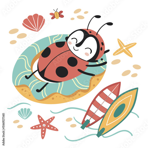 Ocean Dreams colored Ladybug with a Cheerful touch, placed in a Under the Sea theme and styled with inside a donut float