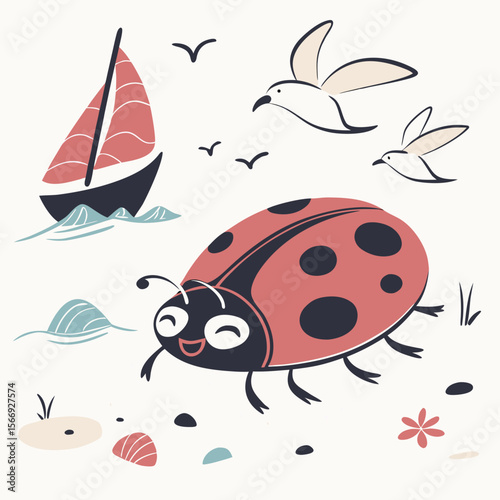 Charming SVG of a Dreamy Ladybug featuring splashing in puddles, styled in a Beach day theme with Ocean Breeze hues
