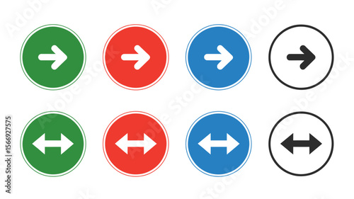 Colorful Circular Navigation Arrows in 2x4 Grid – Green, Red, Blue, Black Circles with White Double Arrows for UI Design, Web, Apps, and Digital Interfaces.  