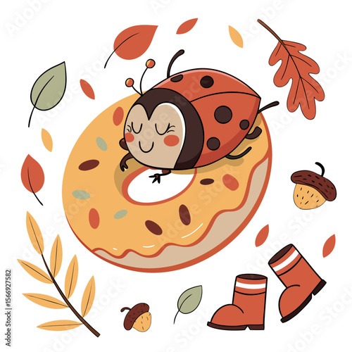 Autumn Leaves colored Ladybug with a Joyful touch, placed in a Autumn theme and styled with inside a donut float