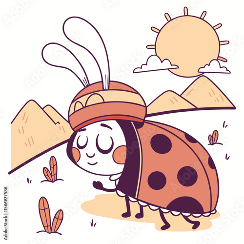 An adorable Ladybug with a Sleepy vibe, wearing bunny slippers, and a Sundown Glow Desert sunset theme – SVG style