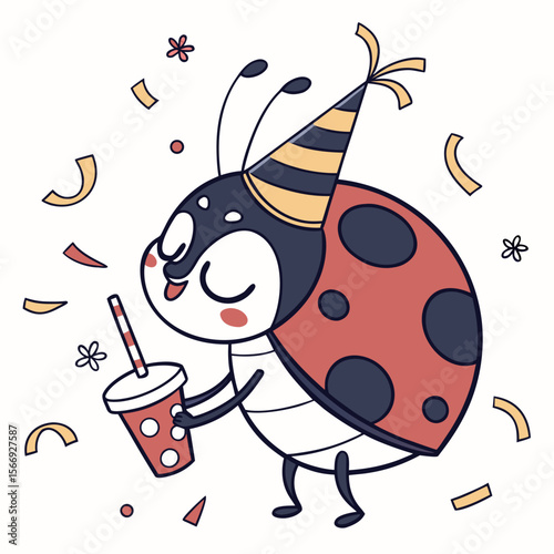 Cute Content Ladybug, accessorized with with a bubble tea, in a New Year celebration world – Midnight Sparkle palette vector