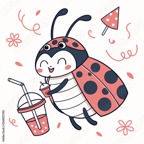 Cute Content Ladybug, accessorized with with a bubble tea, in a New Year celebration world – Midnight Sparkle palette vector