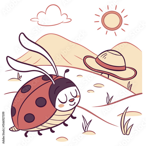 An adorable Ladybug with a Sleepy vibe, wearing bunny slippers, and a Sundown Glow Desert sunset theme – SVG style