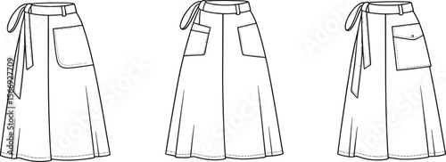 Women's Utility Midi Skirt Flat Fashion Technical Drawing Template, Cargo Pocket and Tie Waist Detail, Apparel Design for Production, Casual Wear.