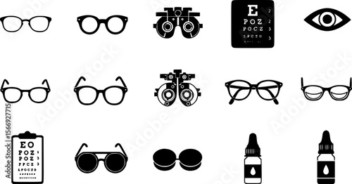 Optometry Icon Set: Glasses, Eye Chart, Phoropter, and Eye Drops