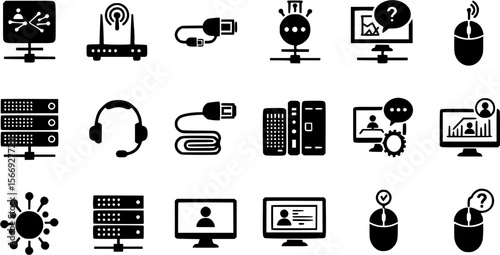 Set of monochrome computer icons isolated on white background