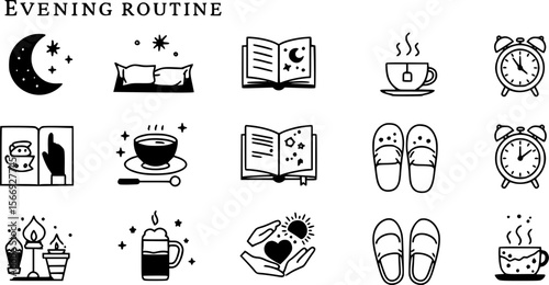 Collection of Evening Routine Icons in Black and White