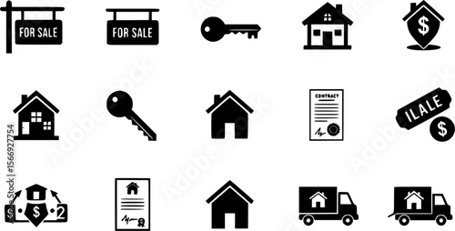 Real Estate Icons: Sign, House, Key, Contract, Moving Truck in Black and White