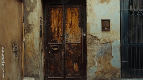 Rusty iron door, paint peeling.