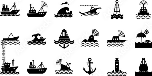 Set of maritime icons isolated on white background. Ships, waves, anchor, buoy and beach.
