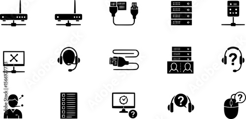 Black and White Information Technology and Support Icons Set