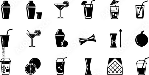 Cocktail Icon Set - Vector Illustration in Black and White
