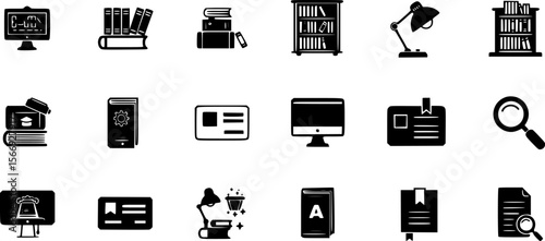 Black and white vector icons related to education, study, and learning.
