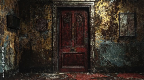 Iron door, rust and peeling paint.