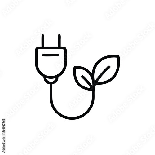 Outline graphic an electrical plug connected to two green leaves on a energy leaf