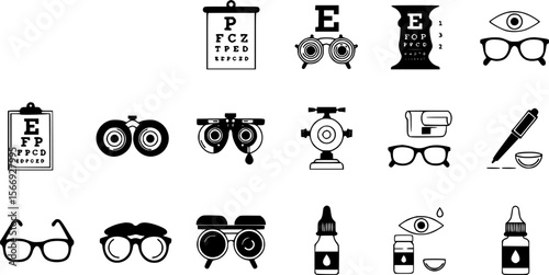 Set of Black and White Eye Care and Vision Icons