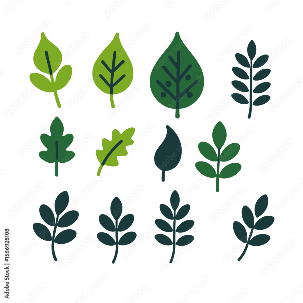 Fototapeta premium Botanical Illustration-Assorted Leaf Vector Art-Stylized Leaves in Green-Nature Inspired Graphic Design-Leaf Pattern for Wallpaper or Fabric-Leaf Art for Blogs or Websites
