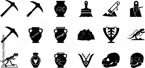 Archaeology Icons Set - Black Silhouettes on White Background