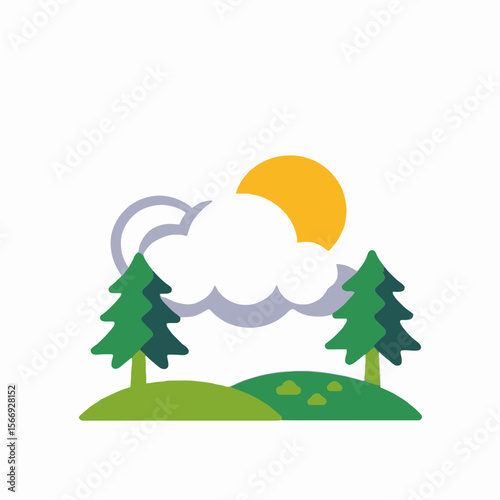 Cartoon Forest Scene Vector Illustration-Nature Landscape with Trees and Sun-Cheerful Outdoor Environment Graphic-Download Now for Creative Projects