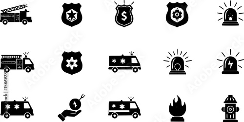 Emergency Services Icon Set - Black and White Vector