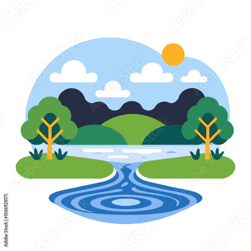 Cartoon Nature Illustration-Serene Landscape with River and Trees-Peaceful Scene with Sun and Clouds-Ideal for Children's Books and Educational Materials-Vector Graphic