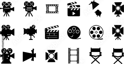 Cinema Icons Set: Film Camera, Clapperboard, Film Reel, Stage Light and Director's Chair in Black Silhouette.