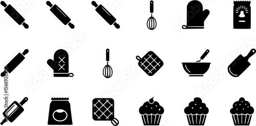 Black and white vector icons of kitchen utensils and baking items