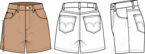 Women's Denim Shorts Flat Fashion Technical Drawing Template, Casual Apparel Design for Production, Front, Back, and Side Views, Everyday Wear Illustration.