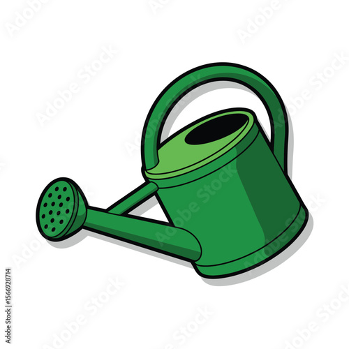 A simple green watering can with a black outline and shadow isolated on white