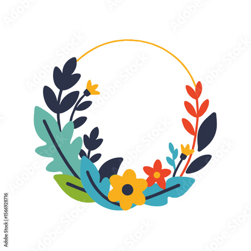 Floral Circle Frame Design-Colorful Flower Wreath Illustration-Botanical Border for Cards and Invitations-Modern Floral Art with Copy Space-Graphic Flower Design Element