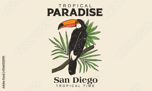 Tropical paradise artwork. Enjoy summer day. Toucan paradise artwork.