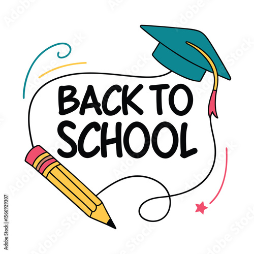 Back to school message with graduation cap and pencil illustration