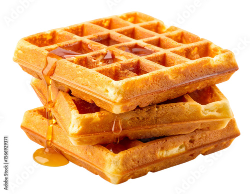 Stack of Golden Brown Waffles with Maple Syrup Drizzle, isolated on a transparent background