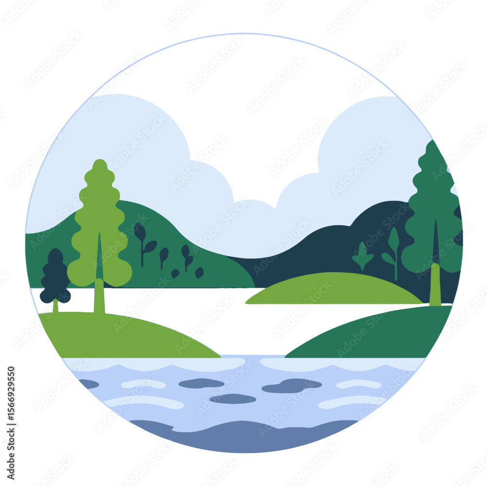 Obraz premium Scenic Landscape Illustration-Minimalist Nature Design with Lake and Hills-Circular Composition with Trees and Clouds-Tranquil Outdoor Scene Depiction