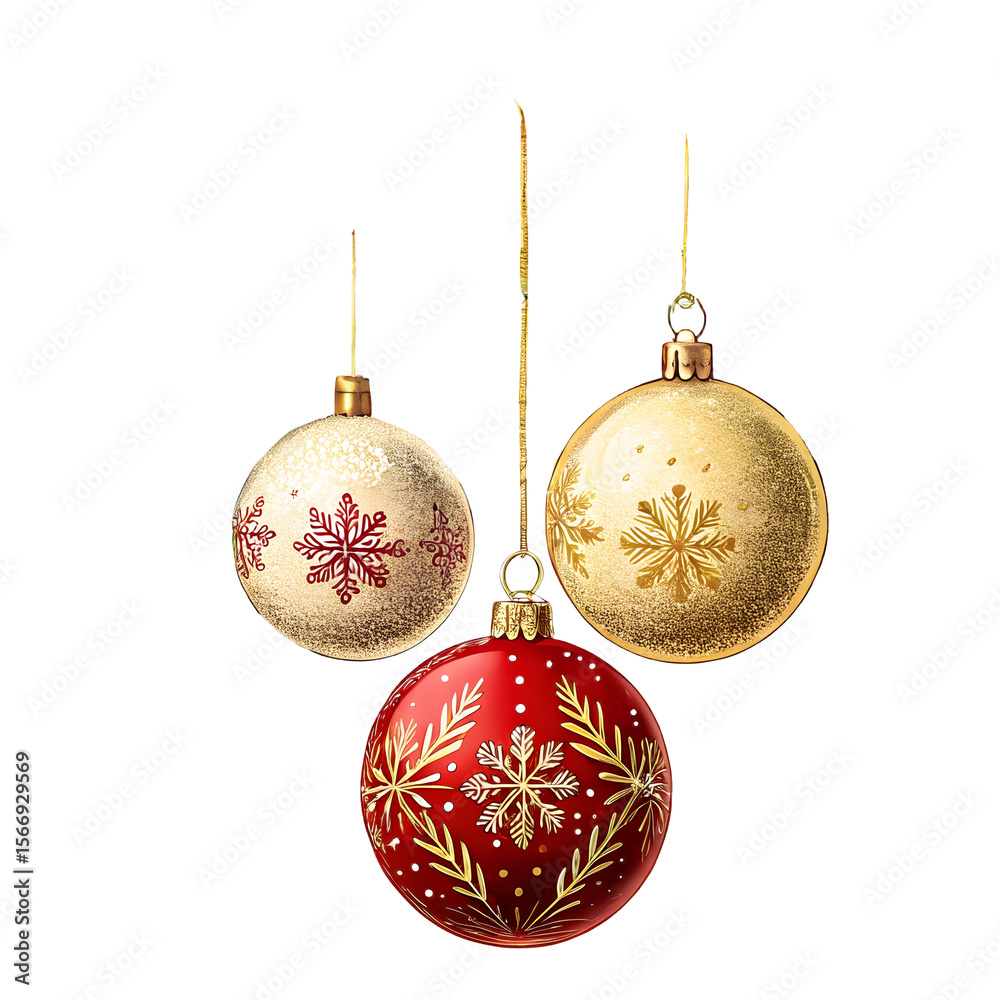 Three festive Christmas baubles red gold white with snowflake patterns isolated on a transparent background Three festive Christmas baubles red gold white with snowflake patterns isolated on a transparent background