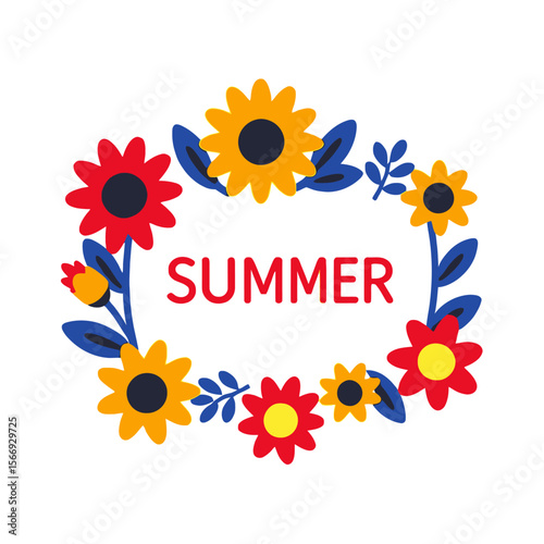Summer floral wreath illustration-Cute flower frame for summer designs-Colorful blossoms and leaves-Perfect for greeting cards and party invitations