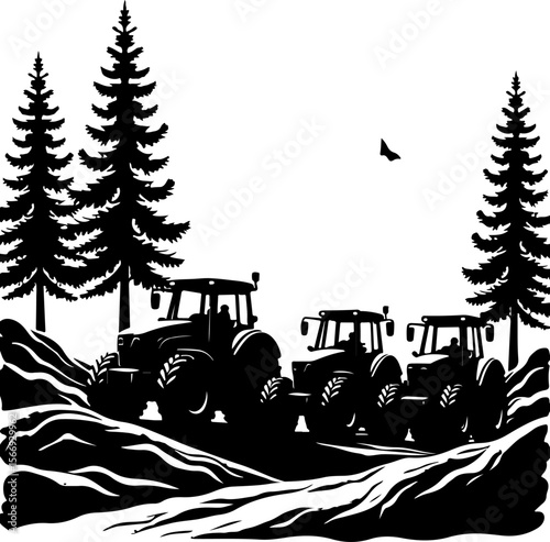 Tractors in a Forest Landscape  trees, agriculture,  vector bundle